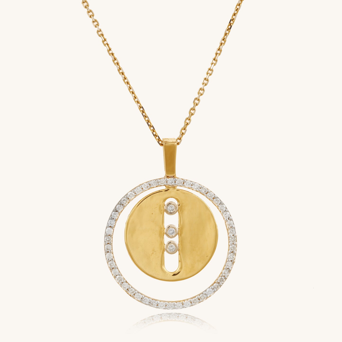 Caratly 18kt gold Double Circle Pendant featuring an outer circle of pave diamonds and a solid gold inner circle with a vertical row of three diamonds under Rs. 80,000