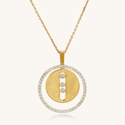 Caratly 18kt gold Double Circle Pendant featuring an outer circle of pave diamonds and a solid gold inner circle with a vertical row of three diamonds under Rs. 80,000