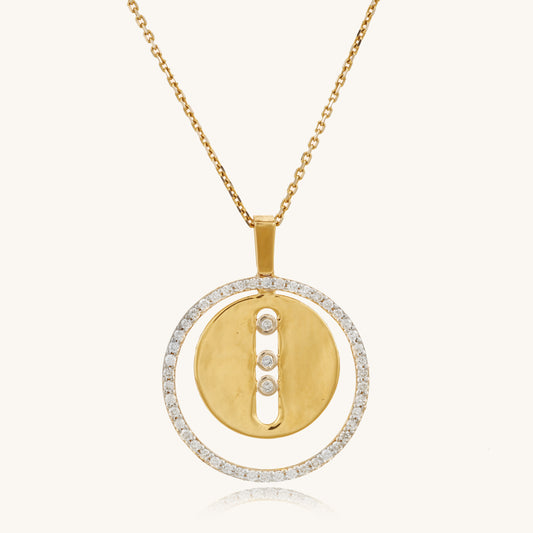 Caratly 18kt gold Double Circle Pendant featuring an outer circle of pave diamonds and a solid gold inner circle with a vertical row of three diamonds under Rs. 80,000