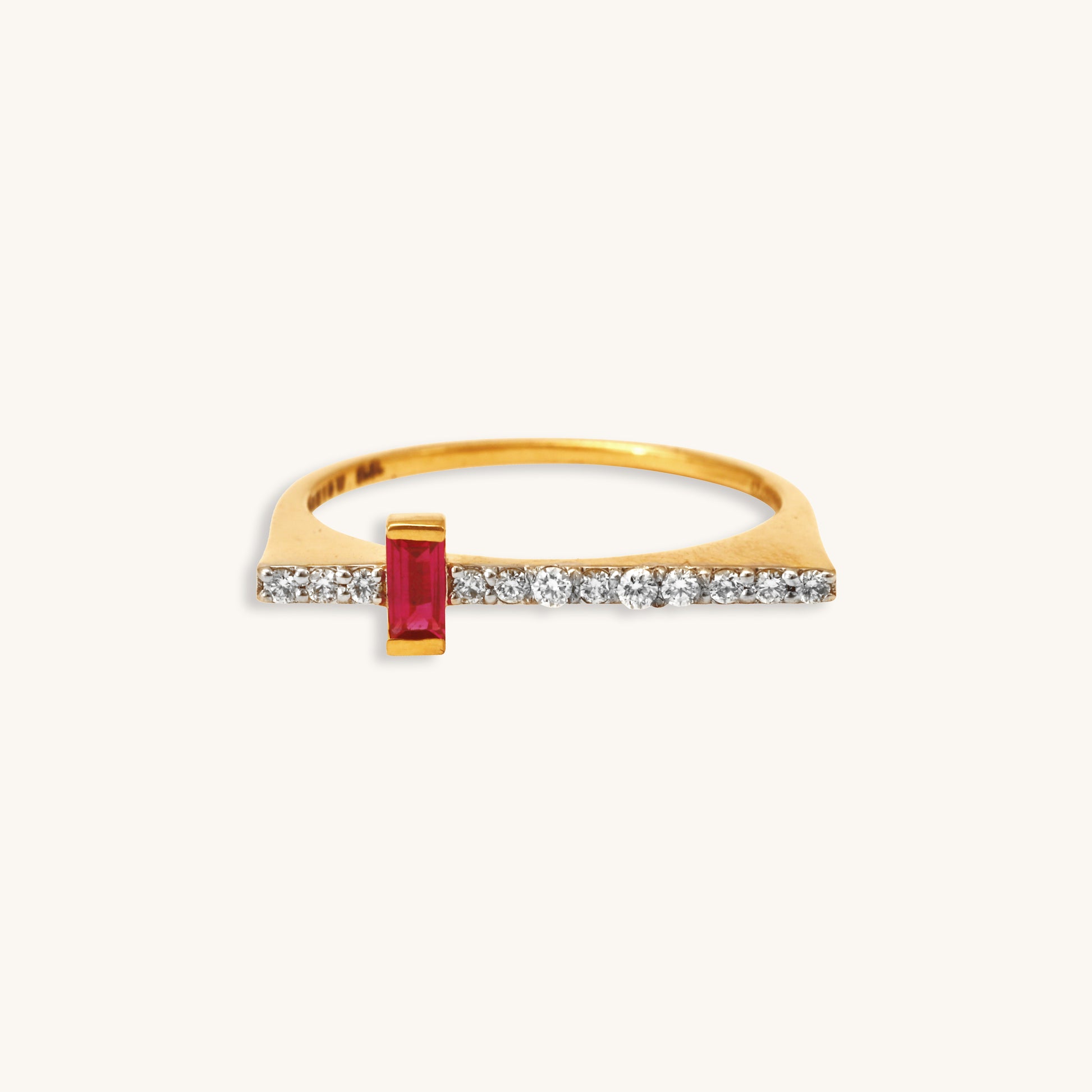 Caratly 18kt gold Elegant Red Ring featuring a modern asymmetrical design with a horizontal diamond pave bar meeting a vertical baguette-cut red gemstone