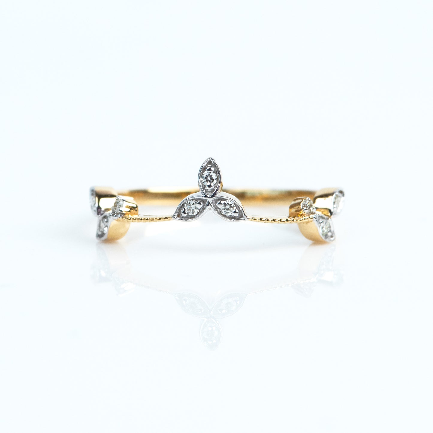 Caratly 18kt gold Entwined Flower Ring with three diamond floral clusters and textured vine band design, a minimal gift for her under 30,000