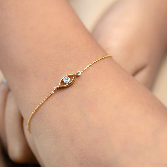 Caratly 18kt gold Evileye Simple Diamond Bracelet with 0.05ct protection charm minimalist design for her under 30,000