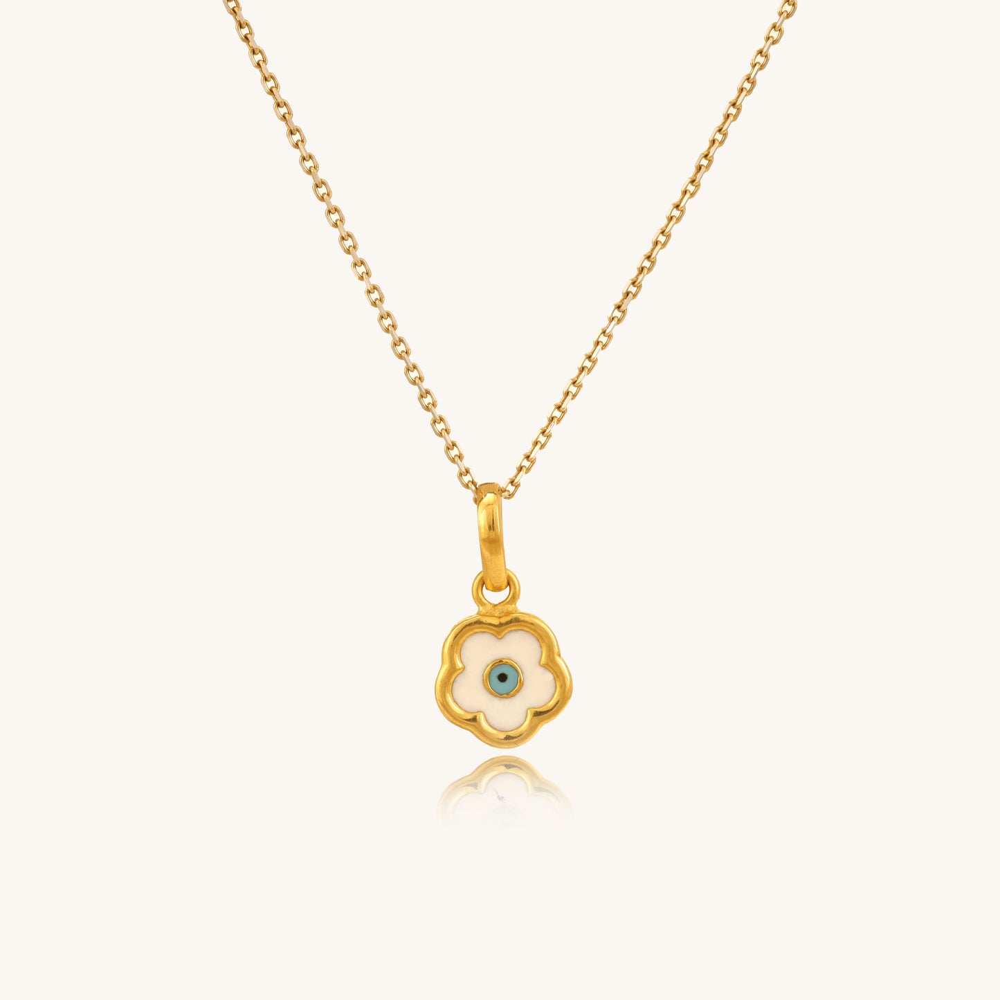 Caratly 22kt gold Evil Eye Flower Pendant featuring a scalloped white enamel flower charm with a central blue eye motif under Rs. 30,000