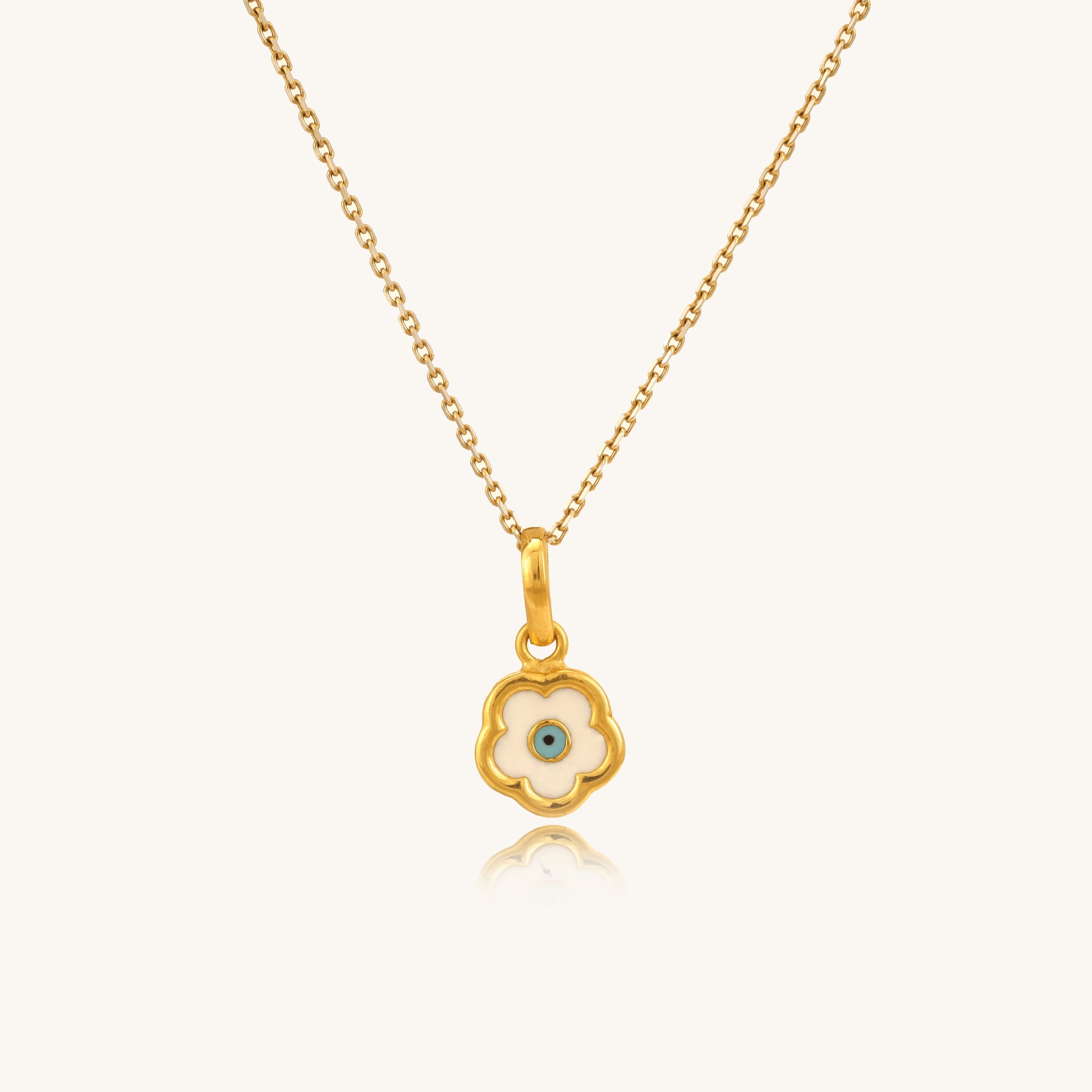 Caratly 22kt gold Evil Eye Flower Pendant featuring a scalloped white enamel flower charm with a central blue eye motif under Rs. 30,000