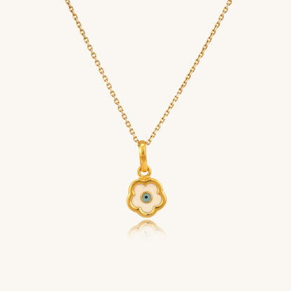 Caratly 22kt gold Evil Eye Flower Pendant featuring a scalloped white enamel flower charm with a central blue eye motif under Rs. 30,000