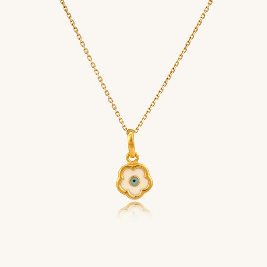 Caratly 22kt gold Evil Eye Flower Pendant featuring a scalloped white enamel flower charm with a central blue eye motif under Rs. 30,000