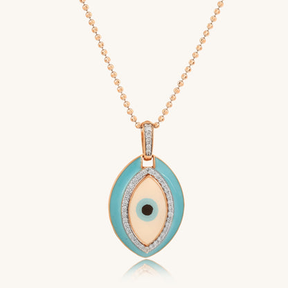 Caratly 18kt gold Evil Eye Pendant featuring a large turquoise enamel oval charm bordered and centered with pave diamonds under Rs. 40,000