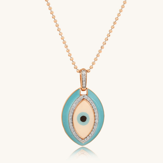 Caratly 18kt gold Evil Eye Pendant featuring a large turquoise enamel oval charm bordered and centered with pave diamonds under Rs. 40,000