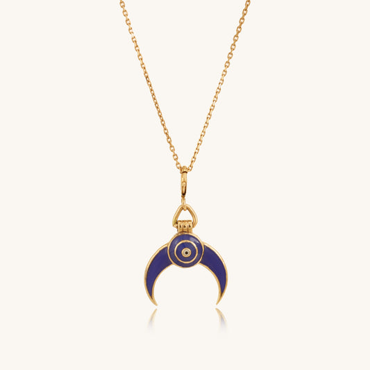 Caratly 18kt gold Evil Eye U Pendant with blue enamel crescent horn and central evil eye design under Rs.20,000