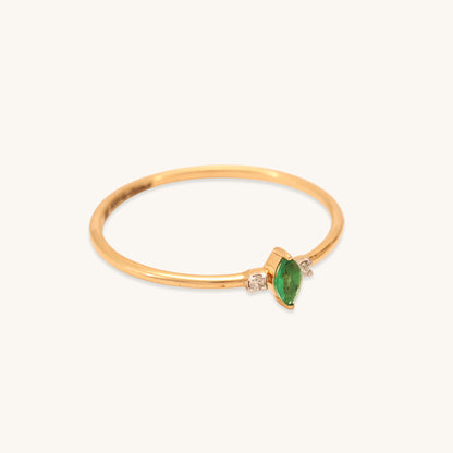 Caratly 18kt gold Green Diamond Ring featuring a very thin band with a central marquise or leaf-shaped green gemstone and two small round side diamonds under Rs. 20,000