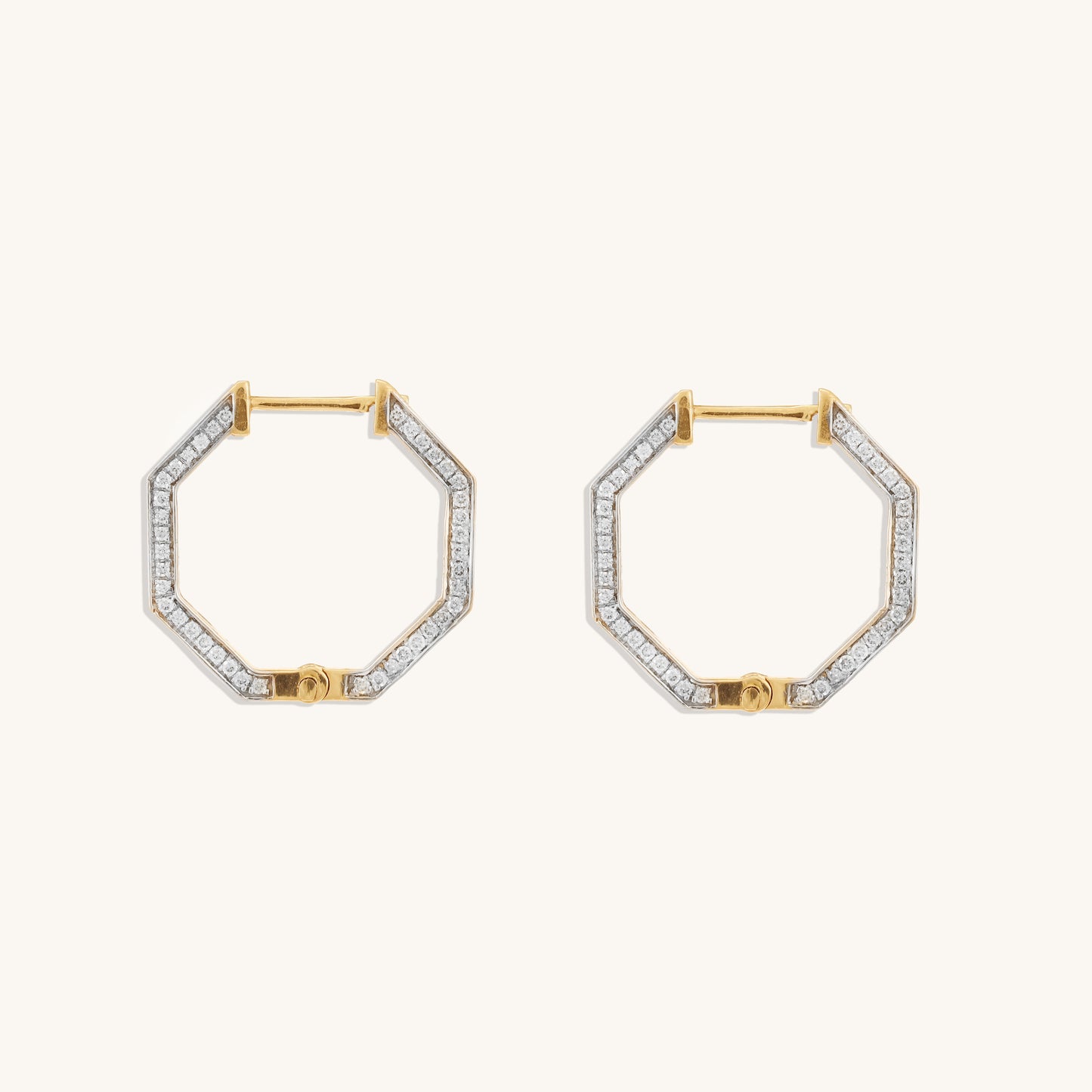 Caratly 18kt gold Hexagon Diamond Earring featuring an angular hexagonal hoop shape with diamonds set along the front-facing edge, under Rs. 80,000