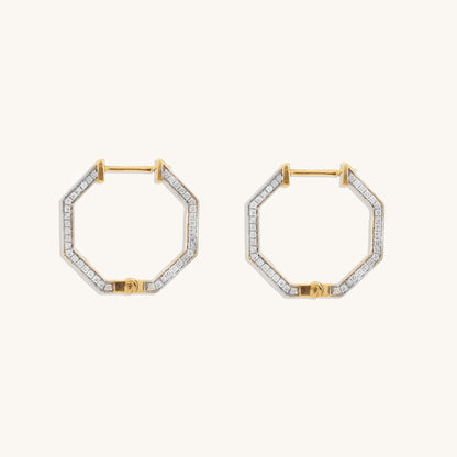 Caratly 18kt gold Hexagon Diamond Earring featuring an angular hexagonal hoop shape with diamonds set along the front-facing edge, under Rs. 80,000