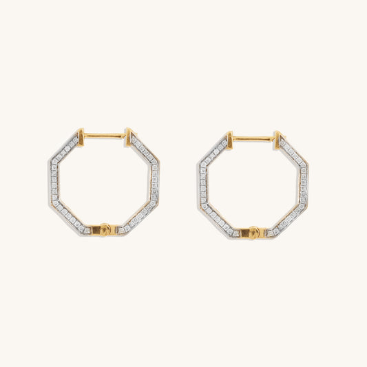 Caratly 18kt gold Hexagon Diamond Earring featuring an angular hexagonal hoop shape with diamonds set along the front-facing edge, under Rs. 80,000