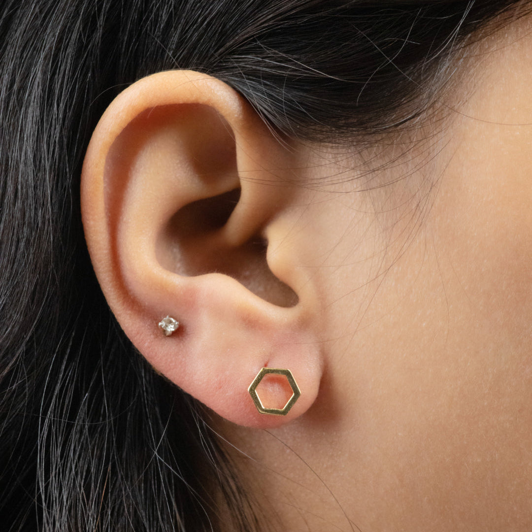 Caratly 18kt gold Hexagon Gold Earring with open geometric hexagon outline stud design under Rs. 20,000
