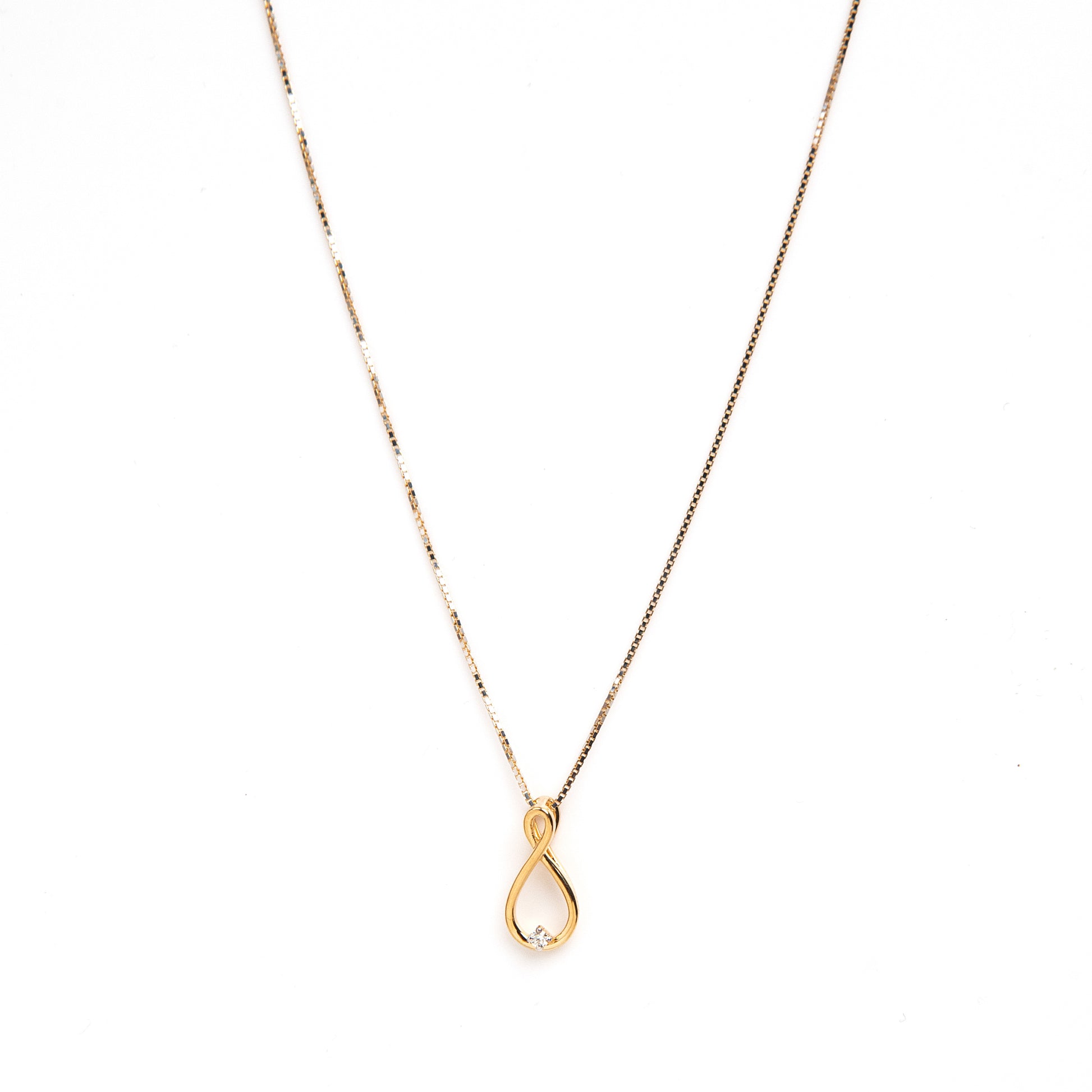 Caratly 18kt gold Infinity Diamond Pendant with 0.02ct diamond accent and vertical twisted loop design under Rs. 15,000