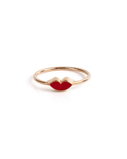 Caratly 18kt gold Lip Funky Ring with red enamel kiss mark lips design, romantic gift idea for her under 30,000