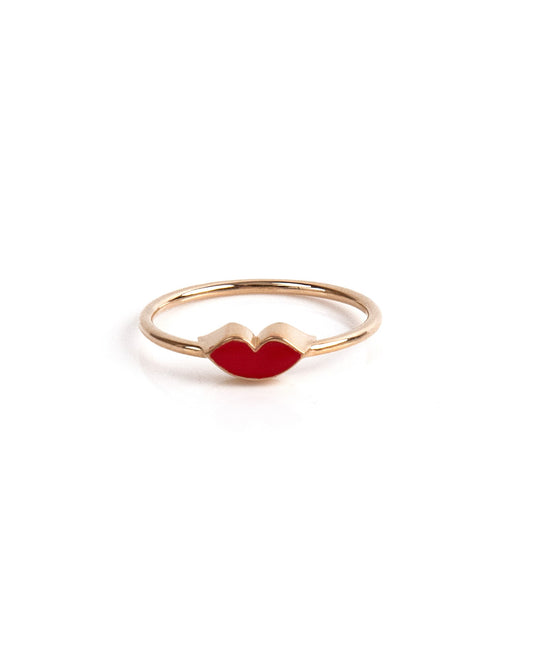 Caratly 18kt gold Lip Funky Ring with red enamel kiss mark lips design, romantic gift idea for her under 30,000