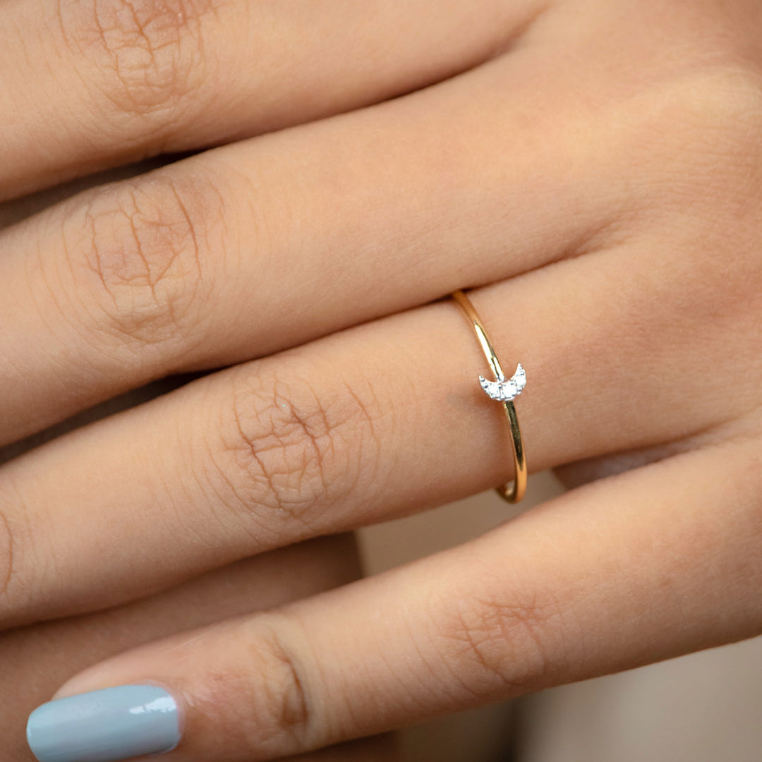 Caratly 18kt gold Moon Diamond Ring with 0.03ct pave diamond crescent moon motif on a thin band under Rs. 15,000