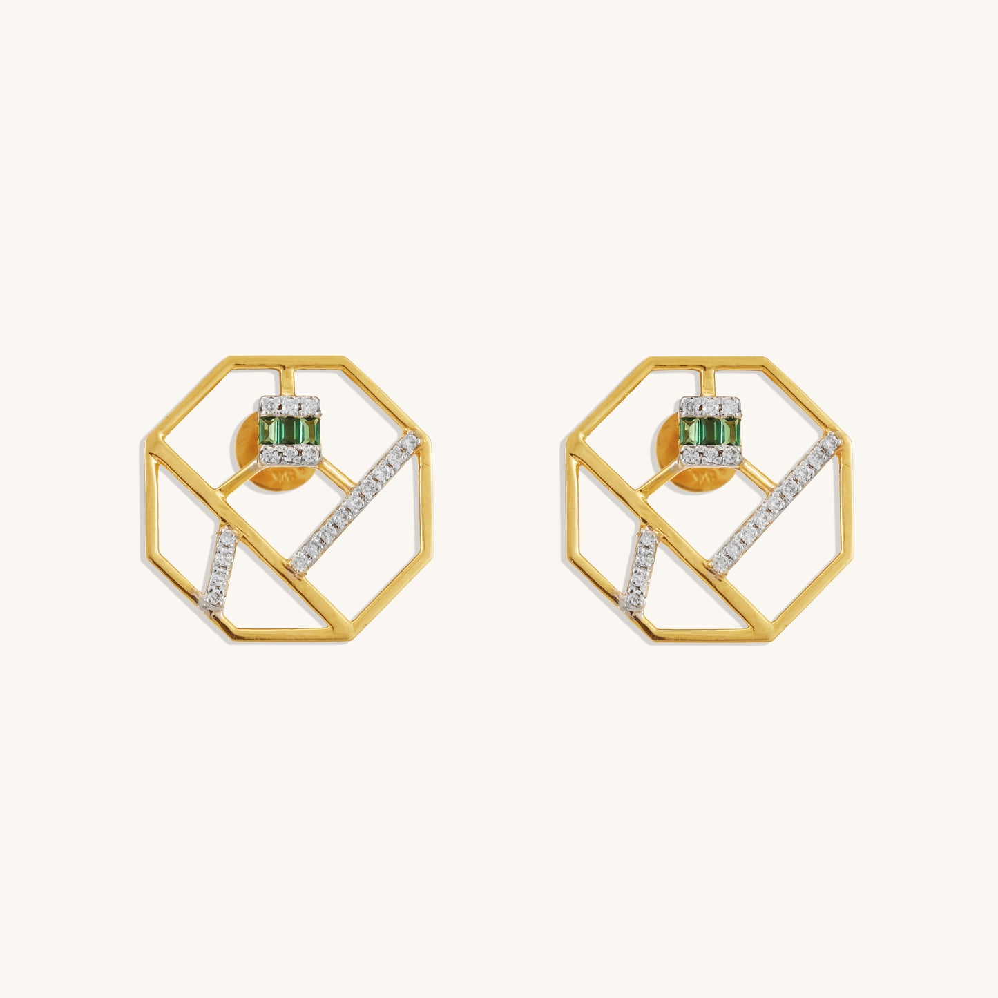 Caratly 18kt gold Octagon Diamond Earring with 0.15ct diamond pave and a central green gemstone accent in an open geometric octagon frame design under Rs. 50,000