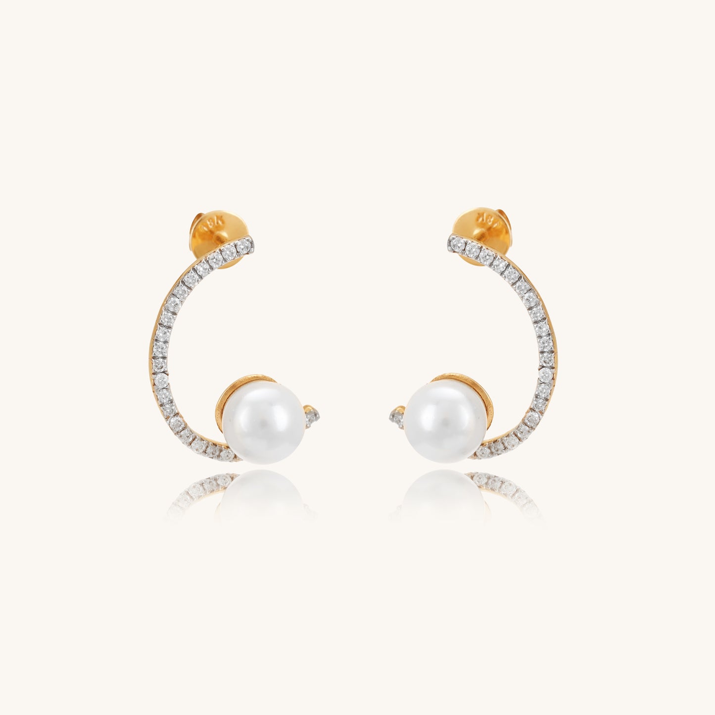 Caratly 18kt gold Pearl C Diamond Earring with 0.22ct diamond pave C-shape curve and pearl end accent under Rs. 50,000