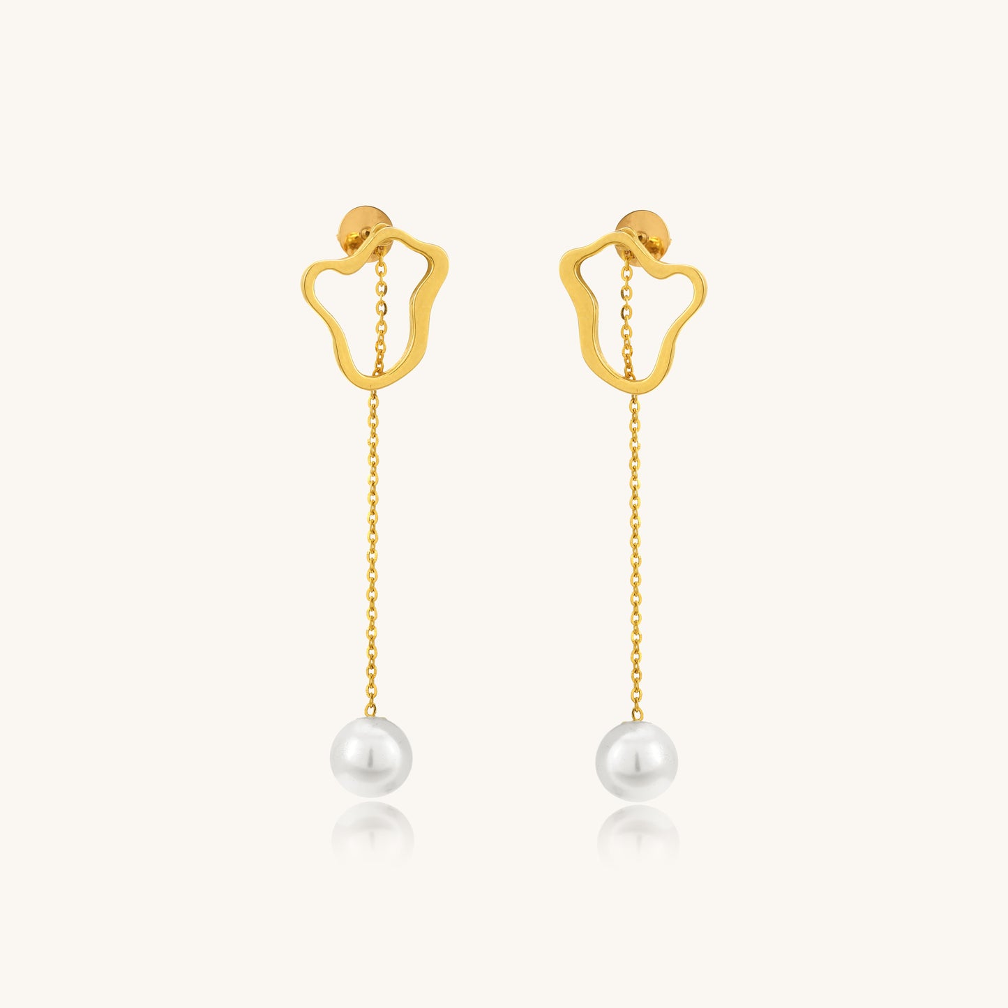Caratly 18kt gold Pearl Dangling Earring featuring an abstract open gold shape at the lobe with a delicate dangling chain holding a single pearl drop under Rs. 40,000