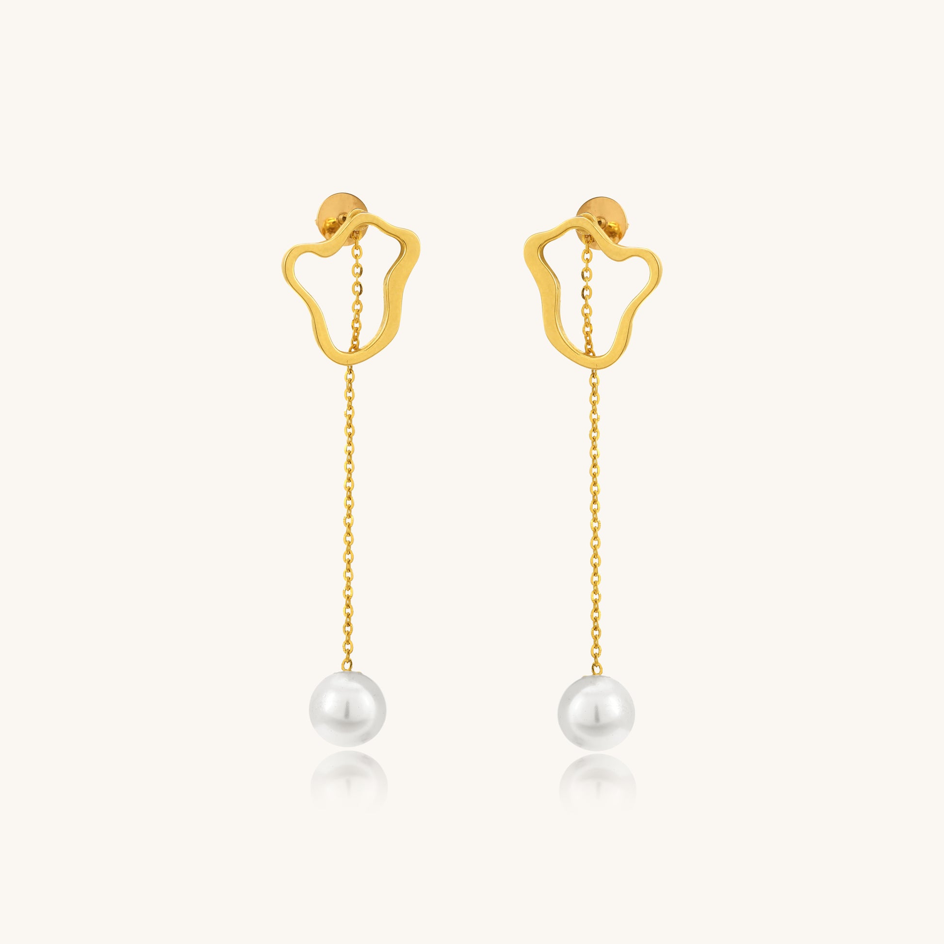Caratly 18kt gold Pearl Dangling Earring featuring an abstract open gold shape at the lobe with a delicate dangling chain holding a single pearl drop under Rs. 40,000