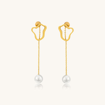 Caratly 18kt gold Pearl Dangling Earring featuring an abstract open gold shape at the lobe with a delicate dangling chain holding a single pearl drop under Rs. 40,000