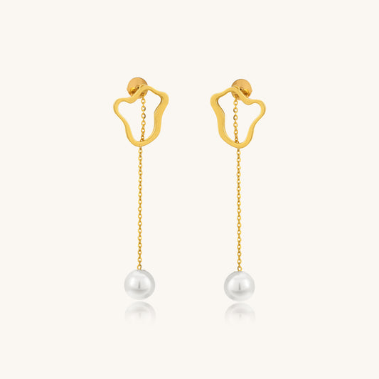 Caratly 18kt gold Pearl Dangling Earring featuring an abstract open gold shape at the lobe with a delicate dangling chain holding a single pearl drop under Rs. 40,000