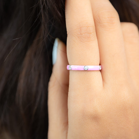 Caratly 18kt gold Pink Band Ring with pink enamel surface and 0.17ct flush set diamond accents under 50,000