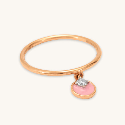 Caratly 18kt gold Pink Dangling Ring featuring a thin gold band and a swinging round pink enamel charm accented with a single diamond under Rs 25,000