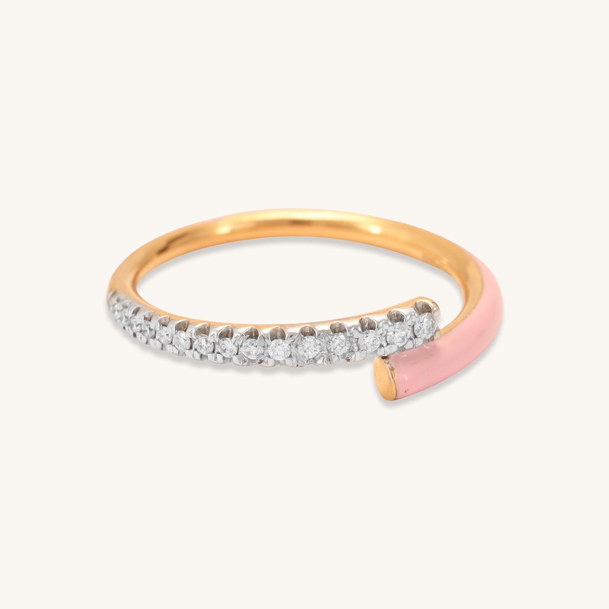 Caratly 18kt gold Pink Diamond Ring featuring an open bypass design with one side covered in pave diamonds and the other in pink enamel under Rs. 50,000
