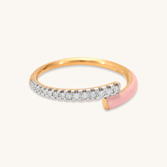 Caratly 18kt gold Pink Diamond Ring featuring an open bypass design with one side covered in pave diamonds and the other in pink enamel under Rs. 50,000