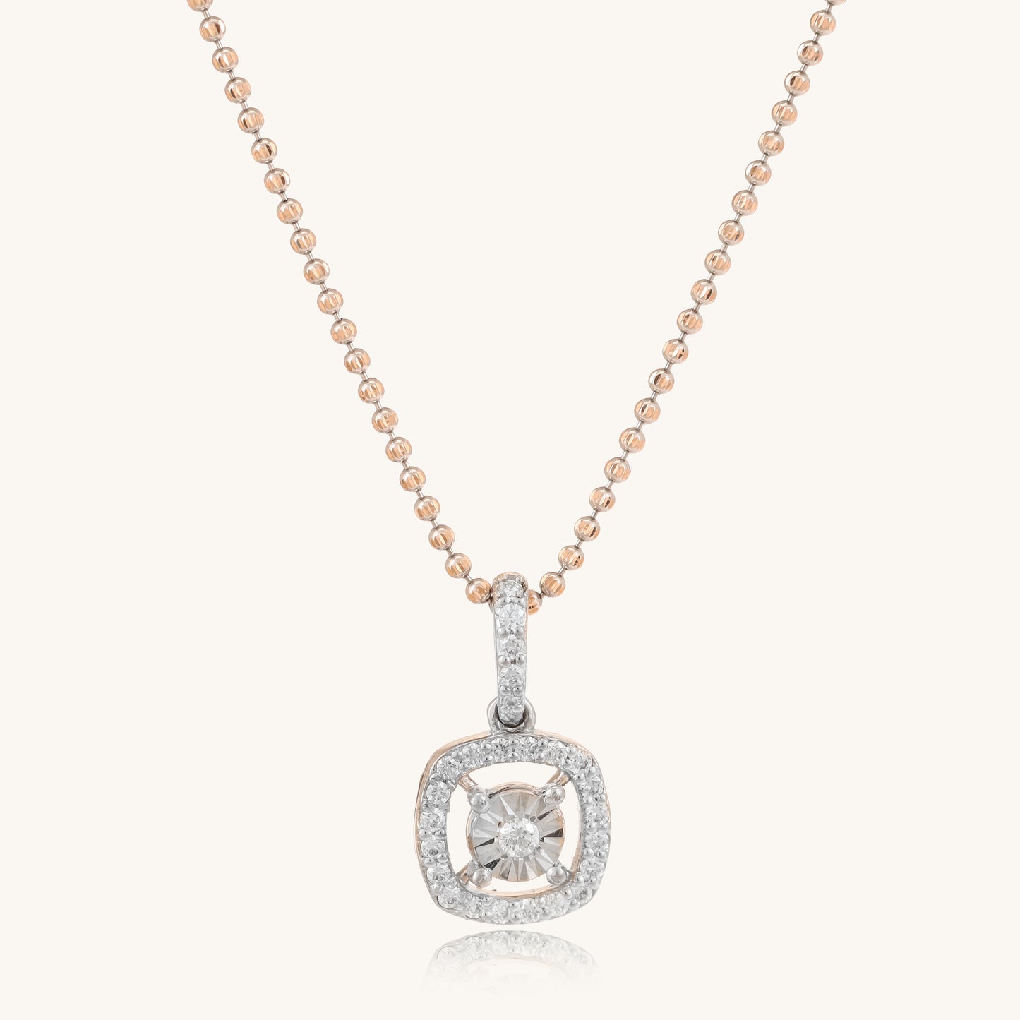 Caratly 18kt gold Pressure Diamond Pendant featuring a 0.19ct diamond cushion halo and a pressure-set illusion center attached to a delicate chain under Rs. 40,000
