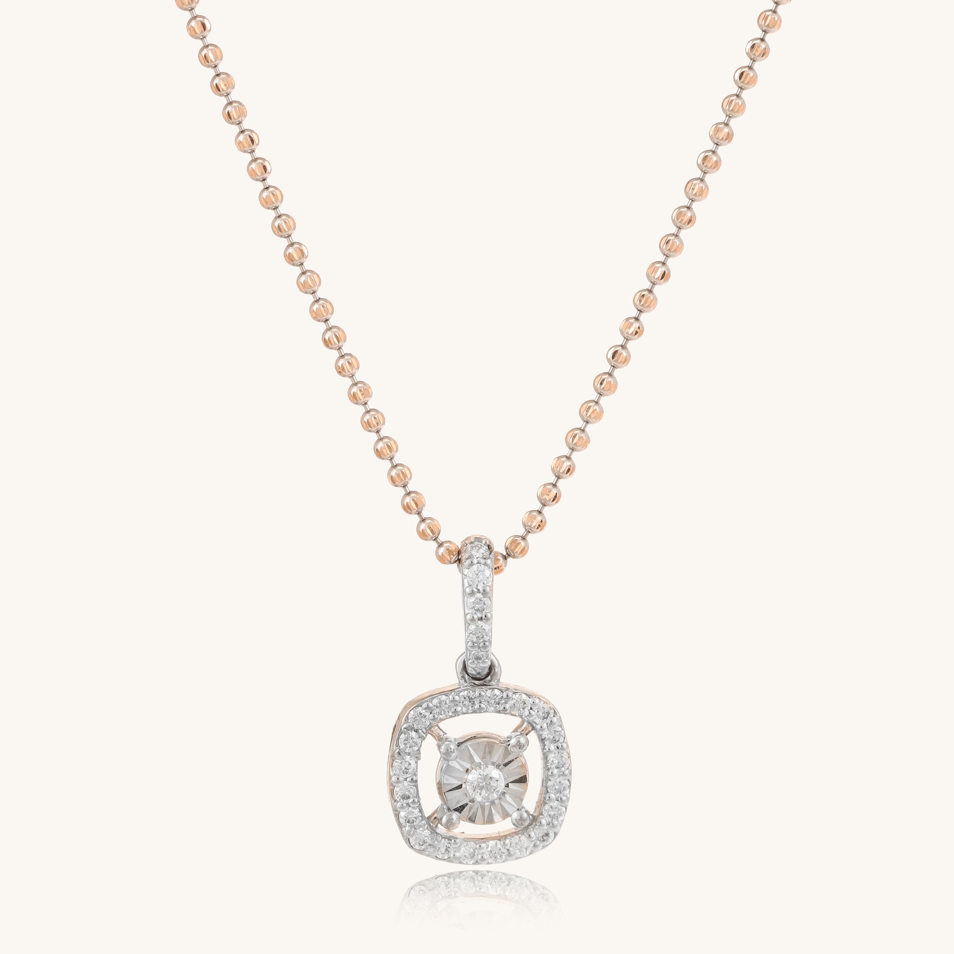 Caratly 18kt gold Pressure Diamond Pendant featuring a 0.19ct diamond cushion halo and a pressure-set illusion center attached to a delicate chain under Rs. 40,000