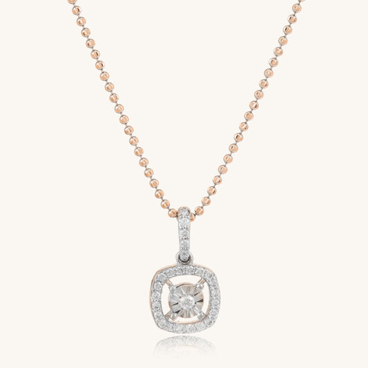 Caratly 18kt gold Pressure Diamond Pendant featuring a 0.19ct diamond cushion halo and a pressure-set illusion center attached to a delicate chain under Rs. 40,000