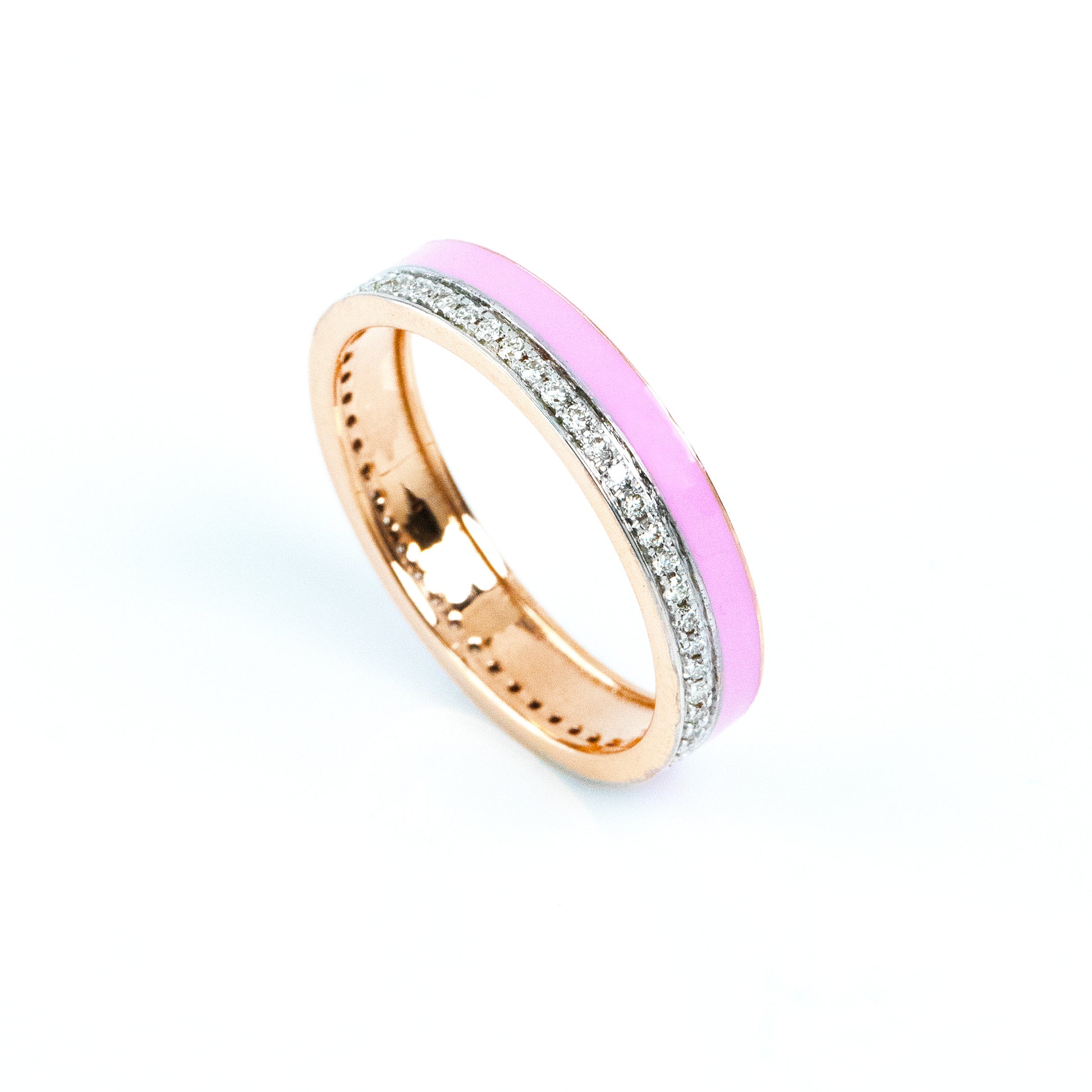 Caratly 18kt gold Pretty Pink Ring with pink enamel band and 0.24ct diamond pave row dual-tone design, perfect for gifting under Rs. 70,000