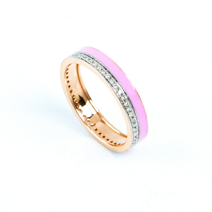 Caratly 18kt gold Pretty Pink Ring with pink enamel band and 0.24ct diamond pave row dual-tone design, perfect for gifting under Rs. 70,000