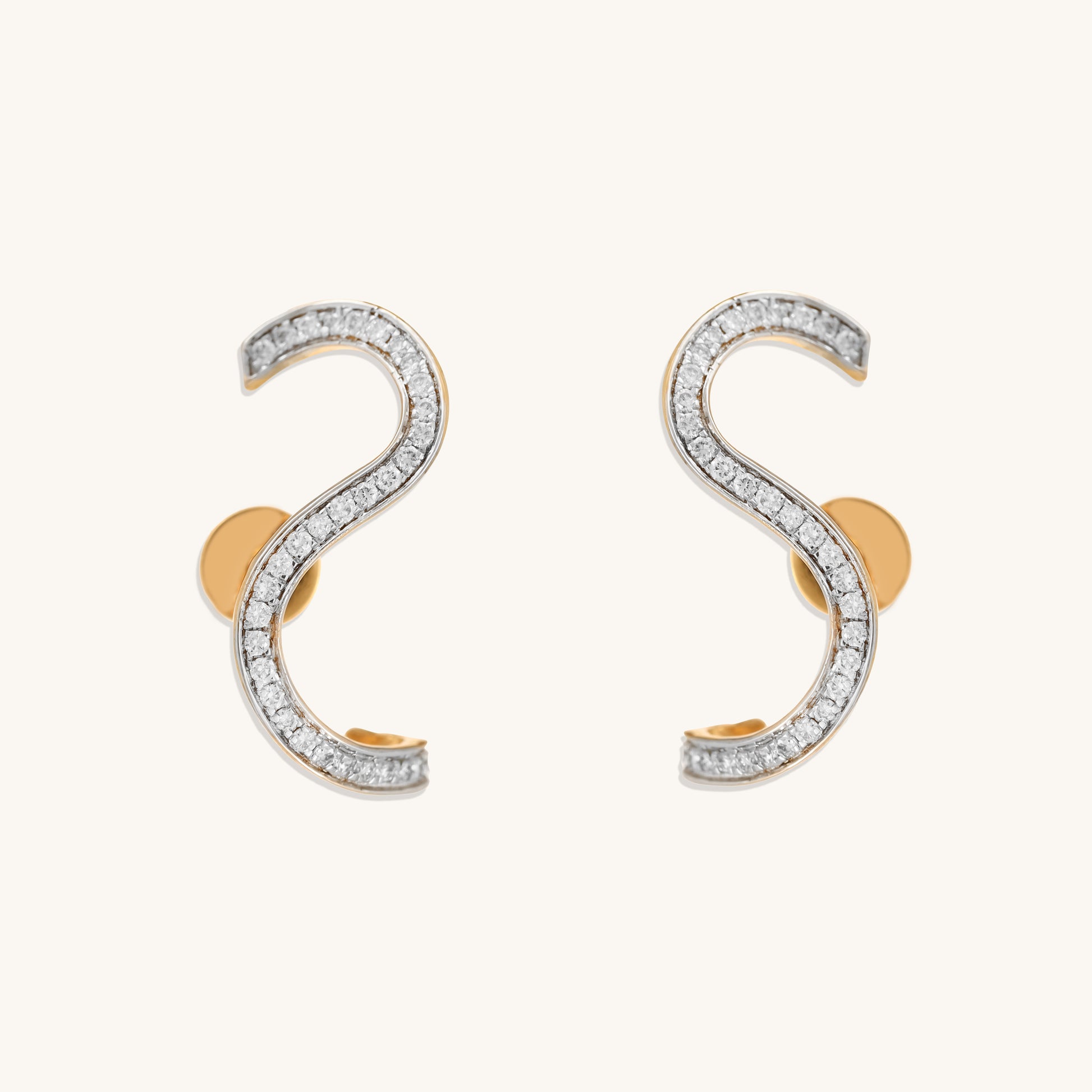 Caratly 18kt gold S Diamond Earring featuring a fluid, wave-shaped ear climber design fully set with 0.25ct pave diamonds under Rs. 60,000