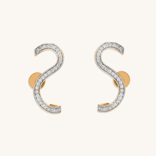 Caratly 18kt gold S Diamond Earring featuring a fluid, wave-shaped ear climber design fully set with 0.25ct pave diamonds under Rs. 60,000