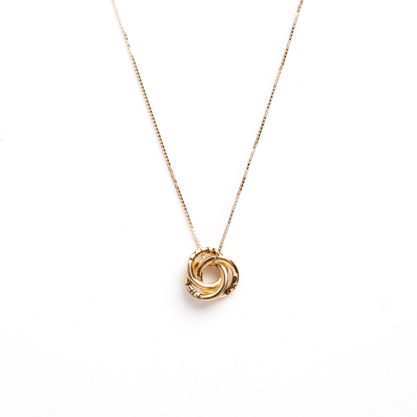 Caratly 18kt gold Seize the Day Pendant with interlocking ring love knot design and engraved text under Rs. 40,000