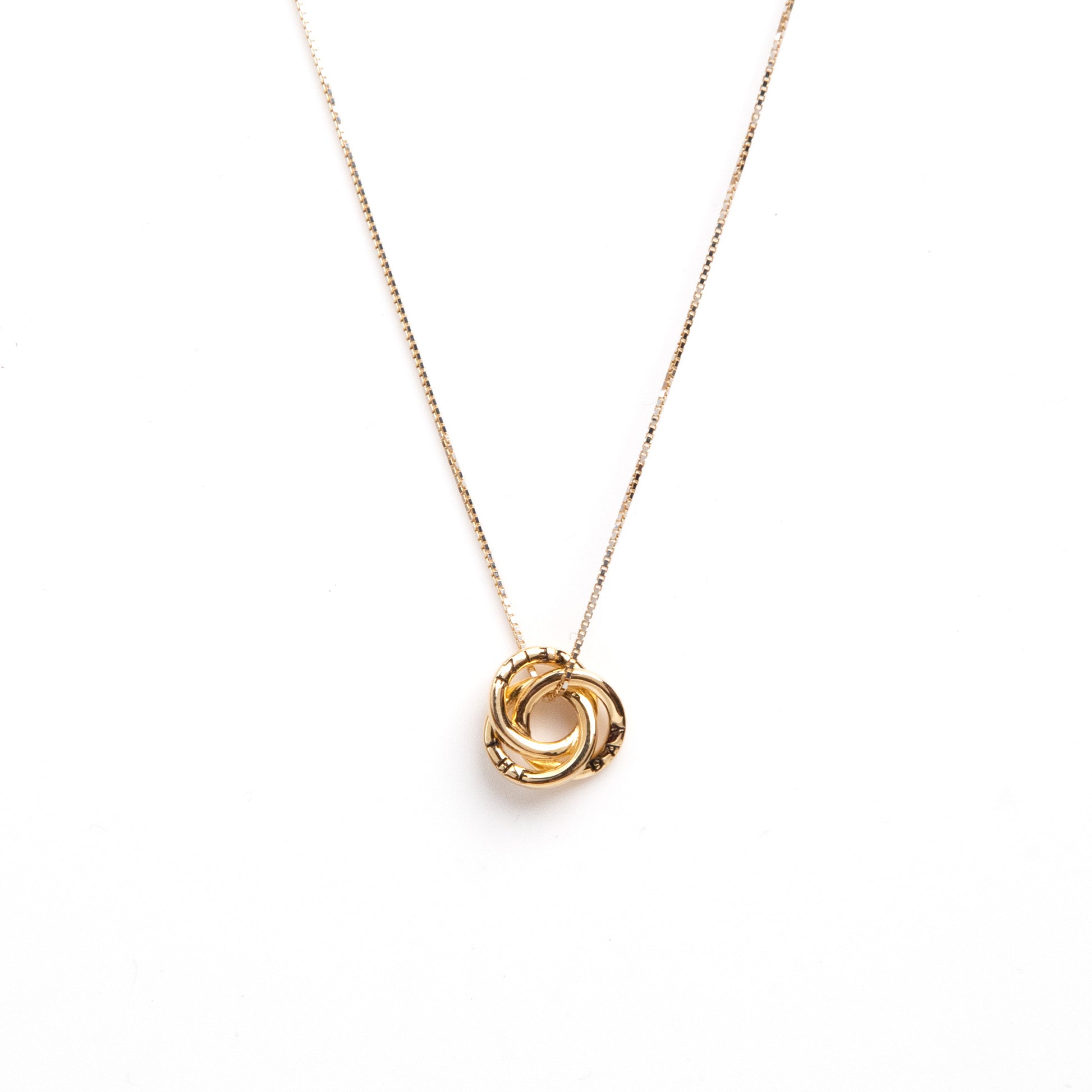 Caratly 18kt gold Seize the Day Pendant with interlocking ring love knot design and engraved text under Rs. 40,000