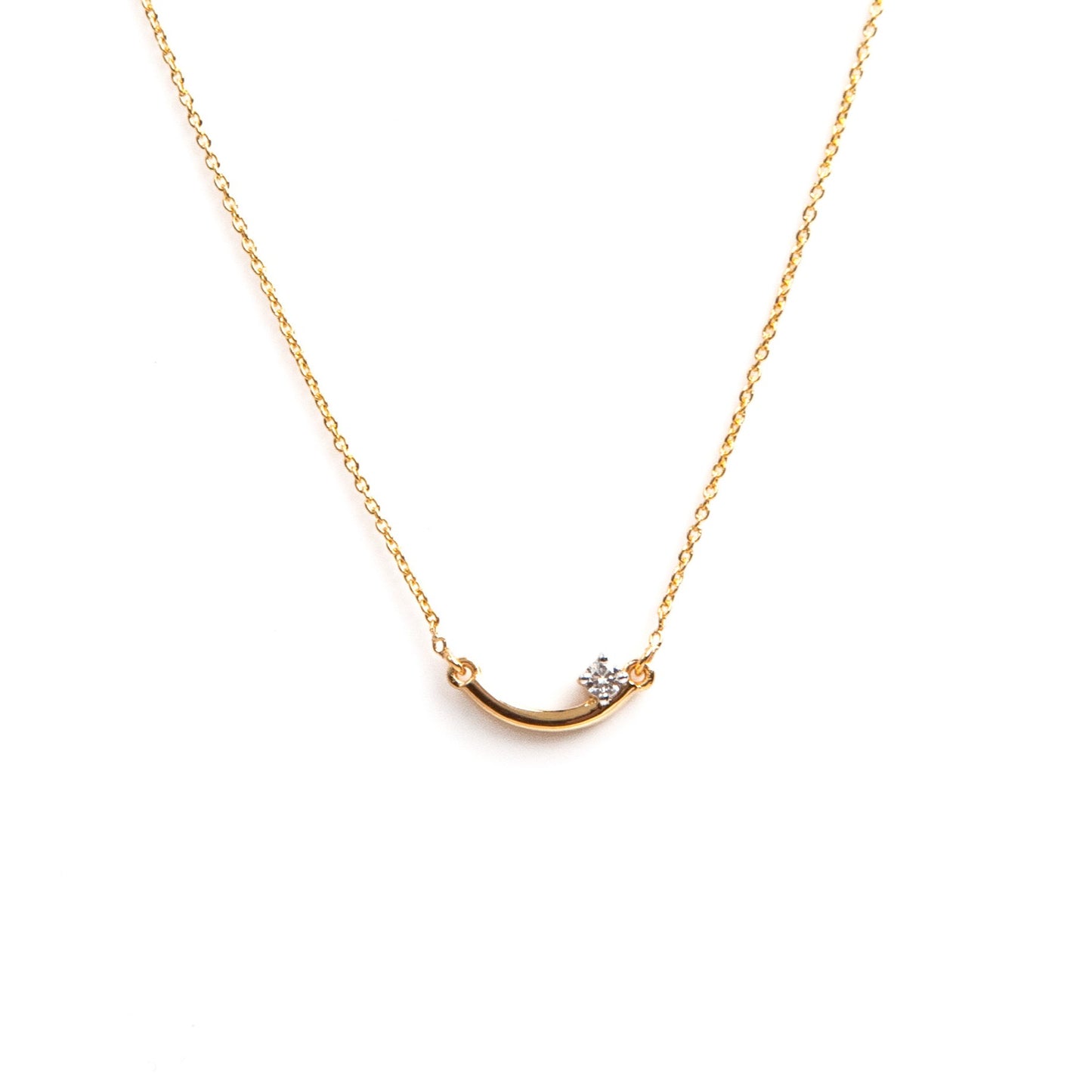 Caratly 18kt gold Smile Diamond Necklace curved bar pendant with 0.05ct diamond accent. Minimalist gift for her under Rs. 40,000 or daily wear