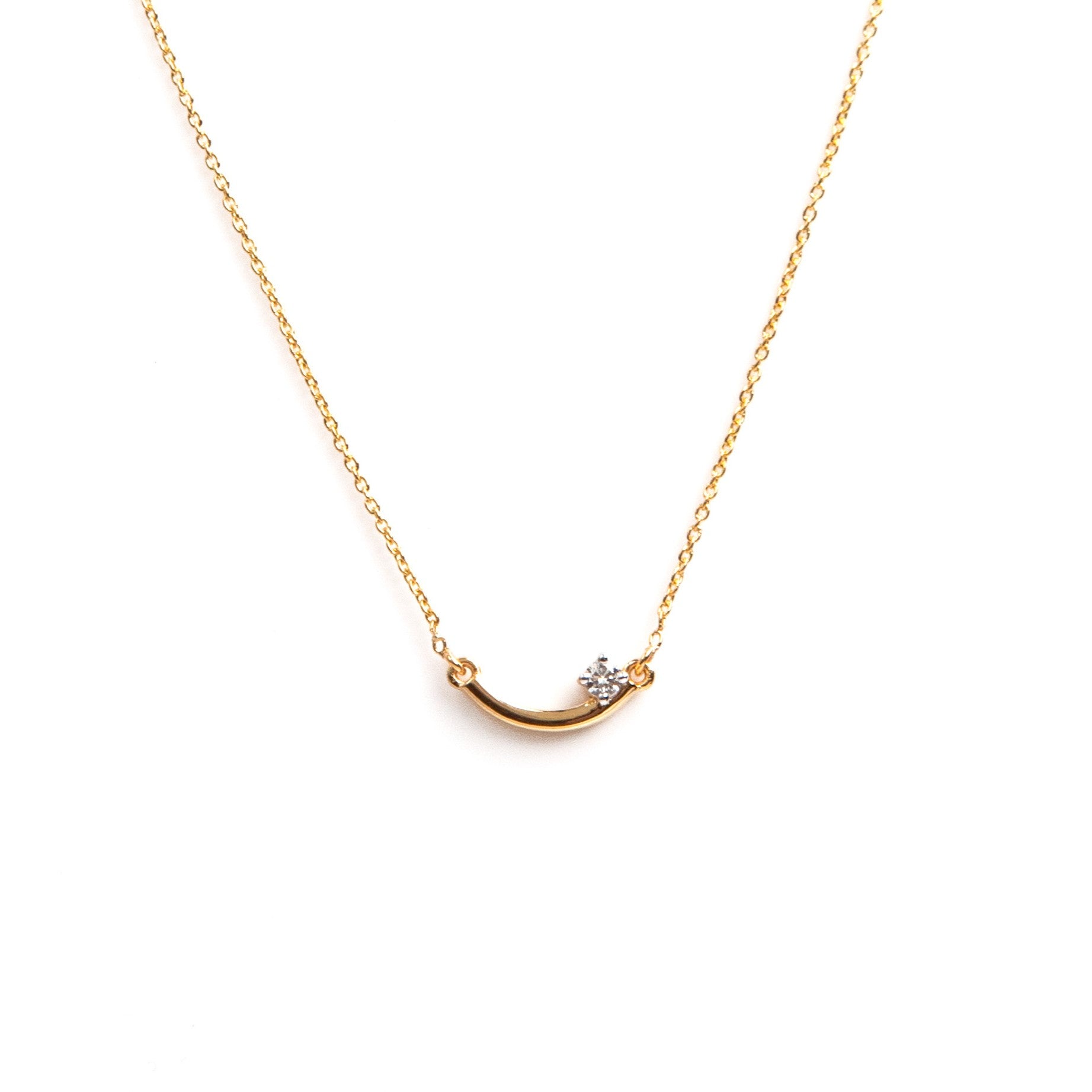 Caratly 18kt gold Smile Diamond Necklace curved bar pendant with 0.05ct diamond accent. Minimalist gift for her under Rs. 40,000 or daily wear