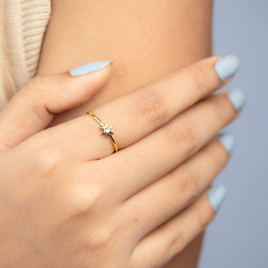 Caratly 18kt gold Star Diamond Ring with 0.02ct solitaire diamond set in a North Star motif, a minimal affordable gift for her under 15,000