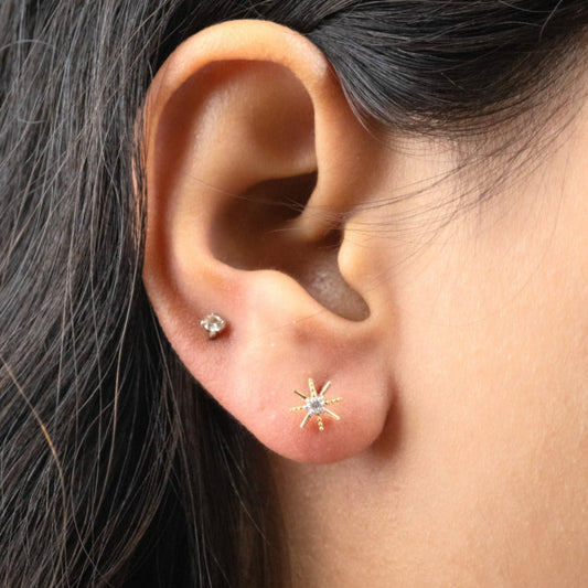 Caratly 18kt gold Sun Diamond Earring with 0.04ct diamond center in a multi-pointed sunburst stud design under Rs. 20,000