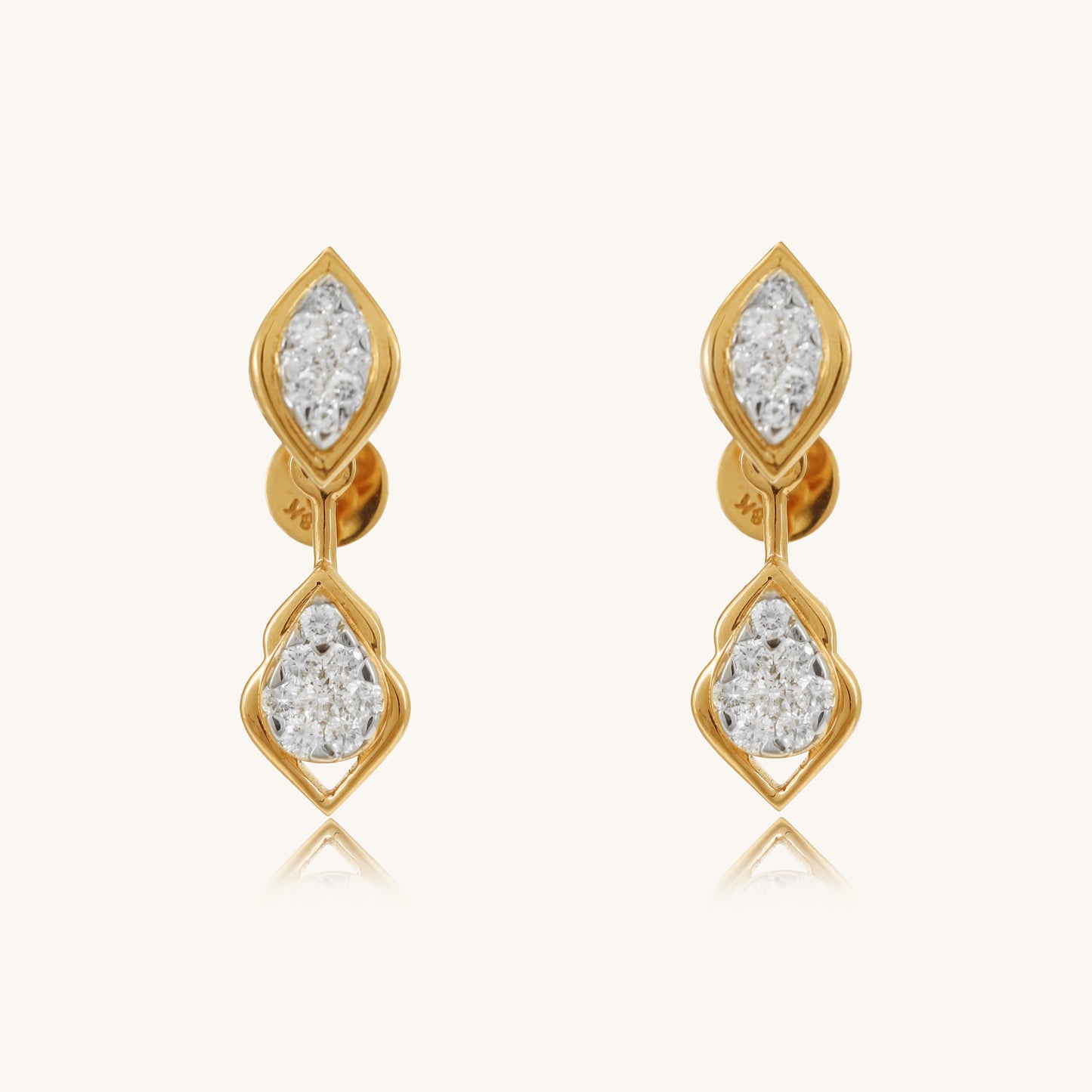 Caratly 18kt gold Teardrop Diamond Earring featuring a double drop design with two interconnected teardrop shapes fully set with pave diamonds