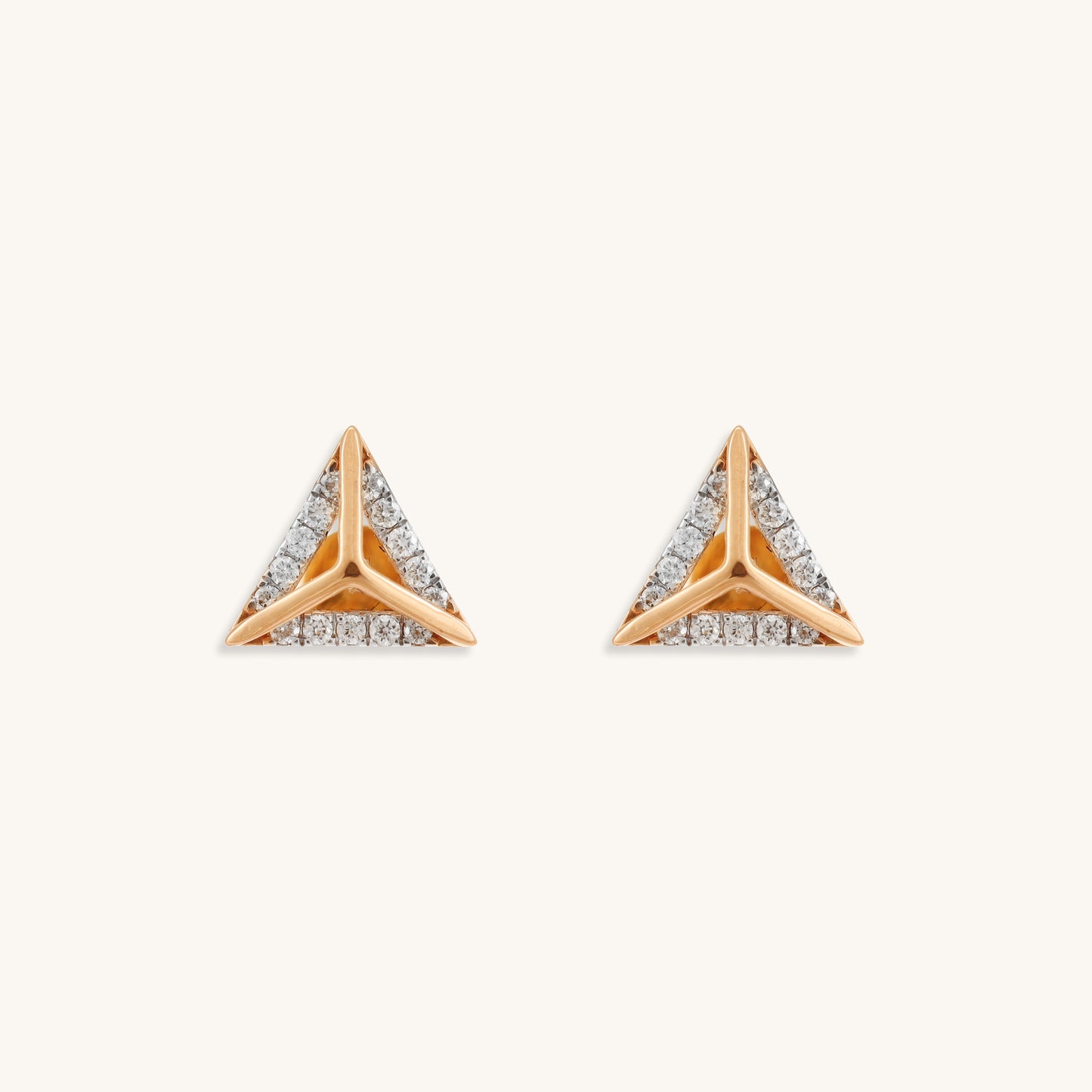 Caratly 18kt gold Triangle Diamond Earring featuring a 3D pyramid shape with polished gold centers and pave diamond borders under Rs. 50,000