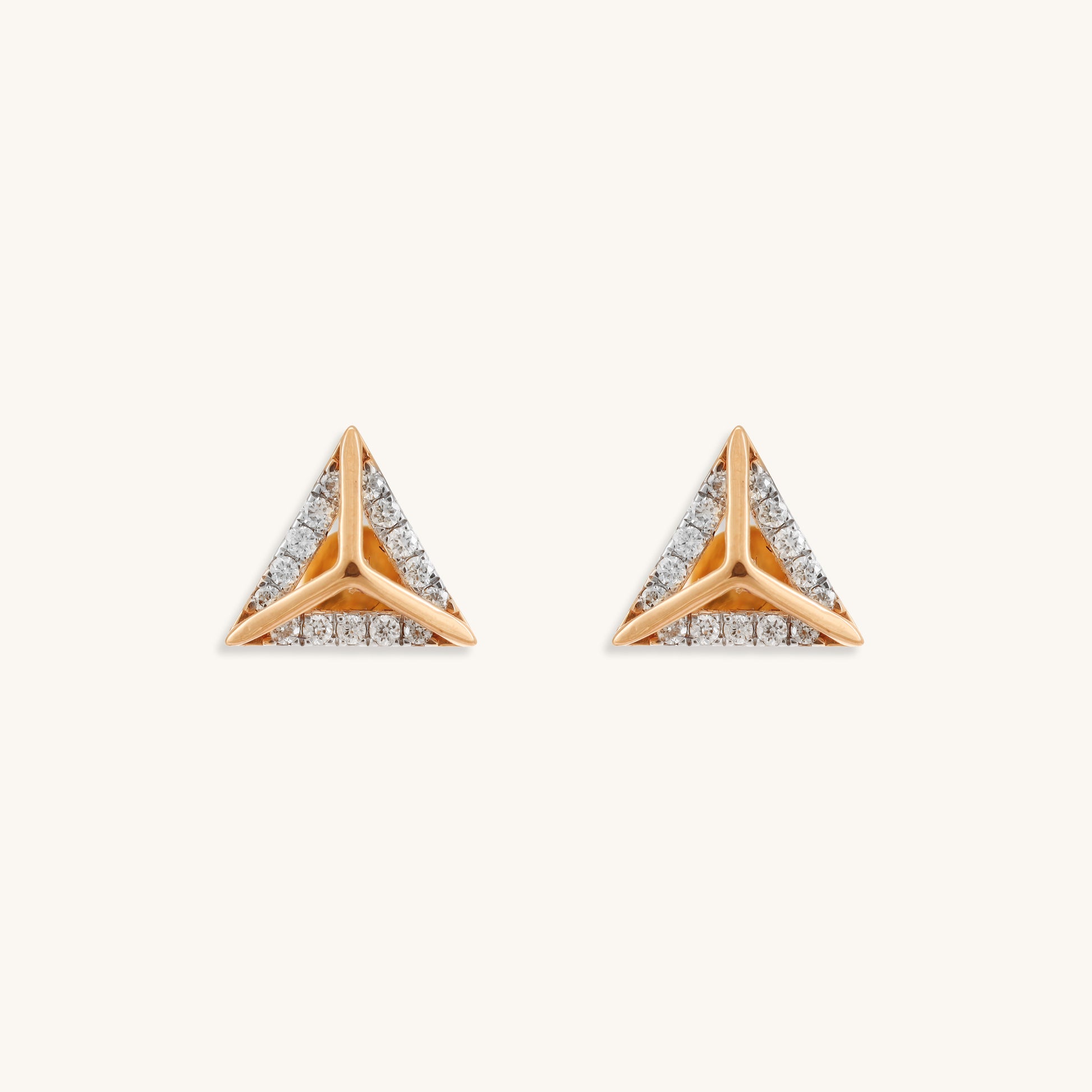 Caratly 18kt gold Triangle Diamond Earring featuring a 3D pyramid shape with polished gold centers and pave diamond borders under Rs. 50,000