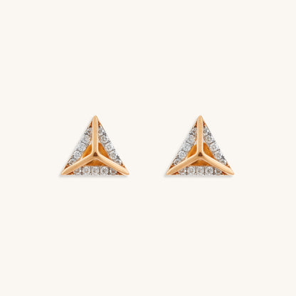 Caratly 18kt gold Triangle Diamond Earring featuring a 3D pyramid shape with polished gold centers and pave diamond borders under Rs. 50,000