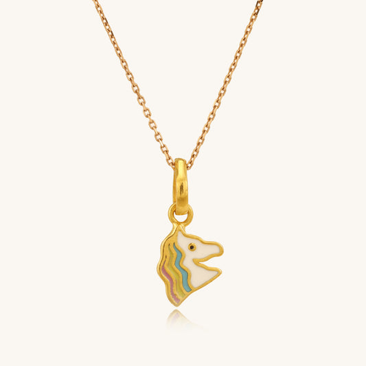 Caratly 22kt gold Unicorn Baby Pendant featuring a small unicorn head charm decorated with pastel enamel stripes under Rs. 20,000